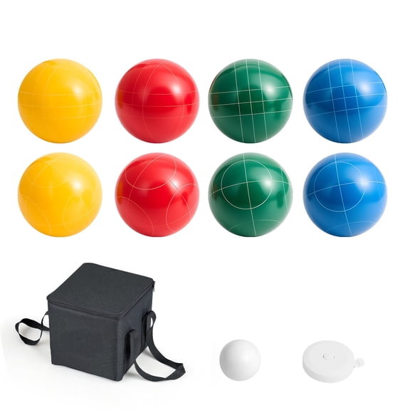 Bocce Ball Set,100 mm,with 8 Resin Balls,Pallino,Carrying Bag&Measuring Rope,Red/Green/Blue/Yellow 4 Colors,for 2 to 8 Players,Bocce Ball Game Set for Beach,Lawn,Family Backyard
