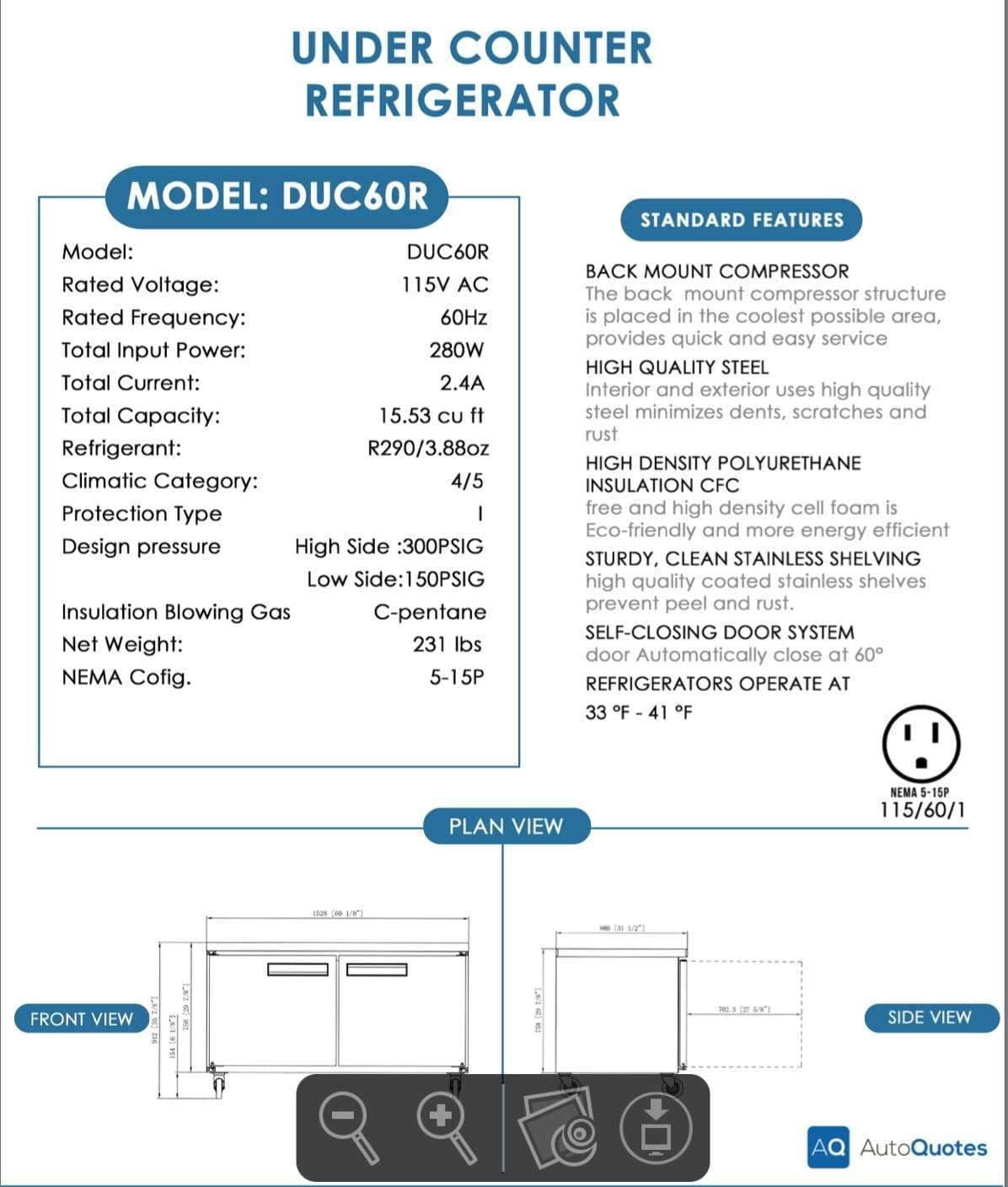 Dukers DUC60F 60 cu ft 2-Door Stainless Steel Commercial Freezer