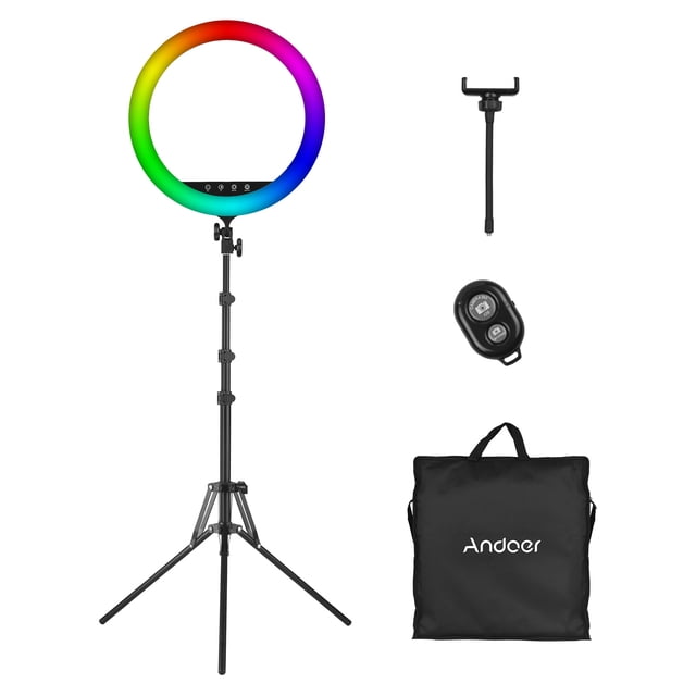 Lámpara de fotografía Andoer - Kit de anillo de luz RGB de 18 pulgadas con anillo de luz LED para selfie 2500K-8500K Botón táctil regulable / Control de aplicación + Soporte de luz de metal de 190 cm Meterk Lámpara de fotografía