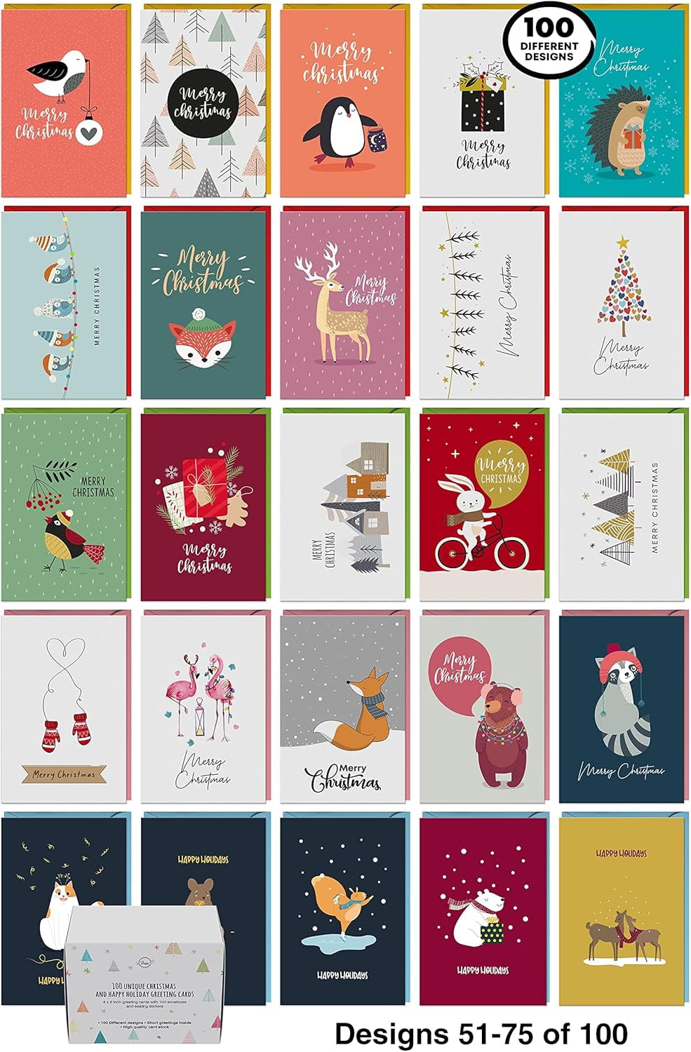 Dessie 100 Unique Modern Christmas Cards with Envelopes and Matching Sealing Stickers. Happy Holiday Cards with Short Greetings Inside. Bulk Christmas Cards Boxed with Envelopes