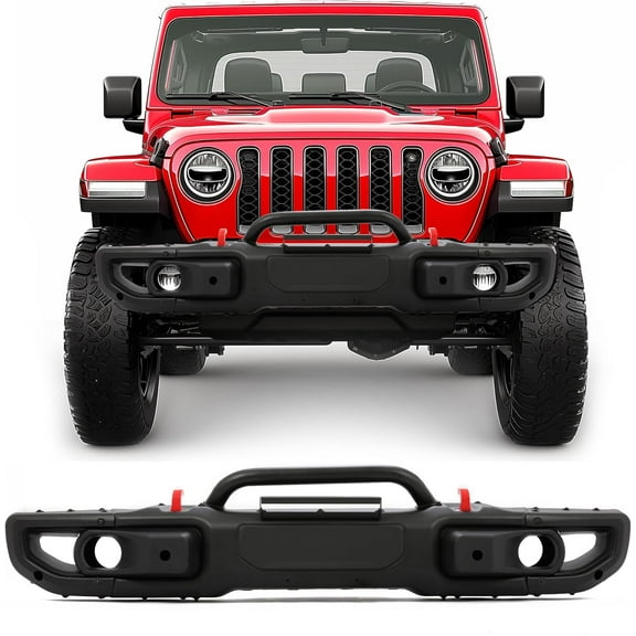 KOJEM Front Bumper Compatible with 2018-2025 Jeep Wrangler JL Rubicon 2020-2025 Jeep Gladiator 10th Anniversary Style 2DR 4DR Models W/PDC Sensor Hole Steel Black Powder Coated