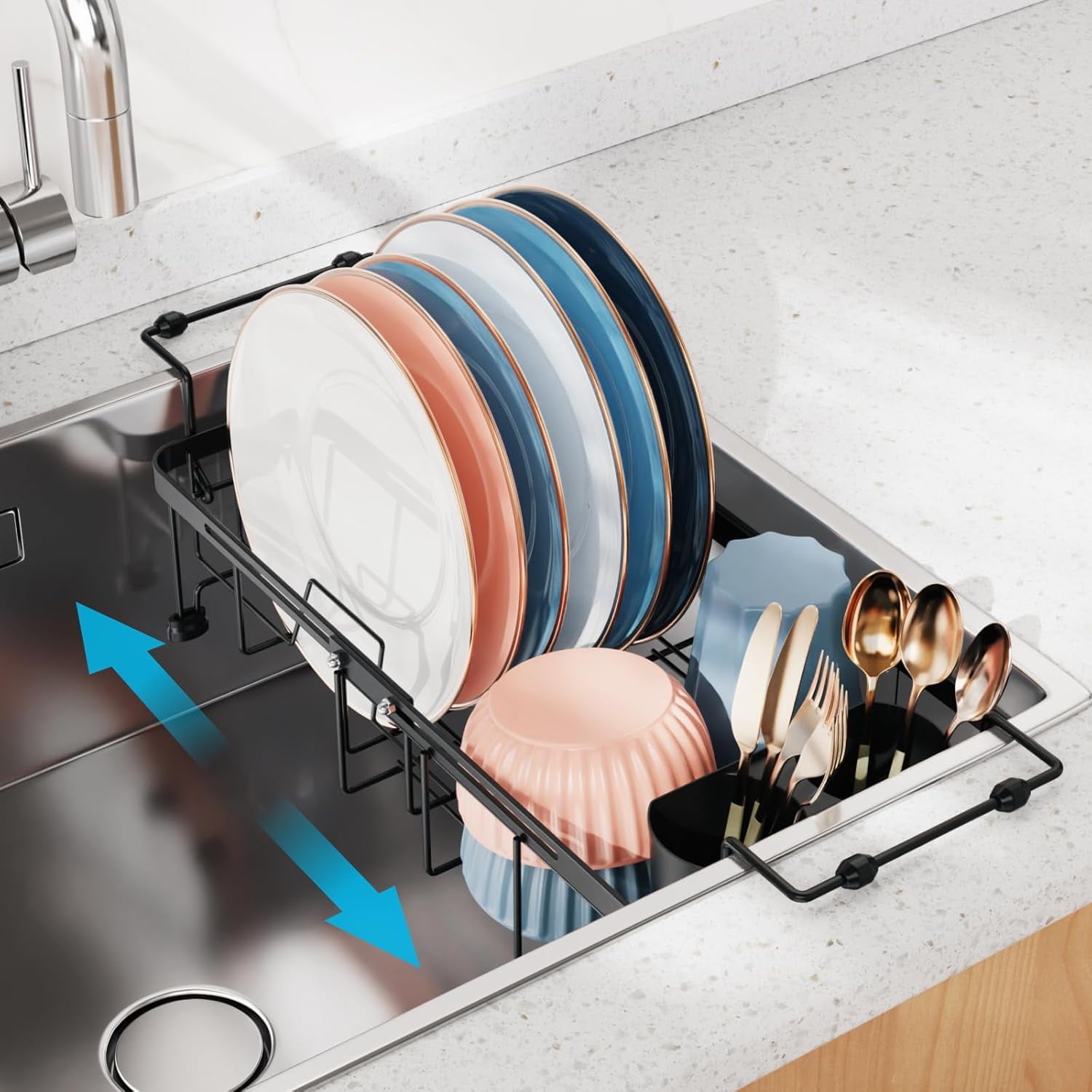 iSPECLE Small Sink Dish Drying Rack, Capacity Expandable Narrow Over Sink Dish Rack, in Sink Dish Drainer for RV Kitchen Counter with Utensil Holder, Fit for 12"~18.3" Sink, Black