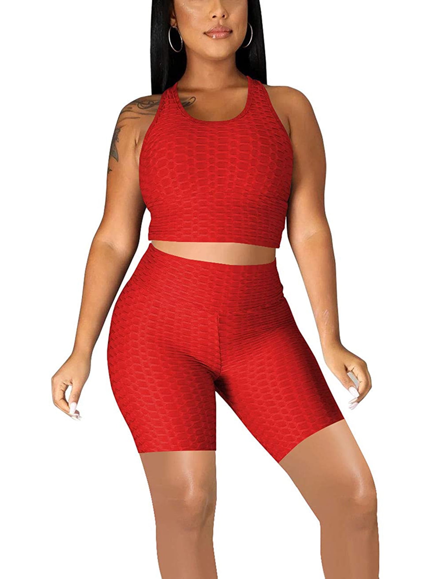 Ma&Baby Workout Sets For Women 2 Piece Textured Sleeveless Crop Top