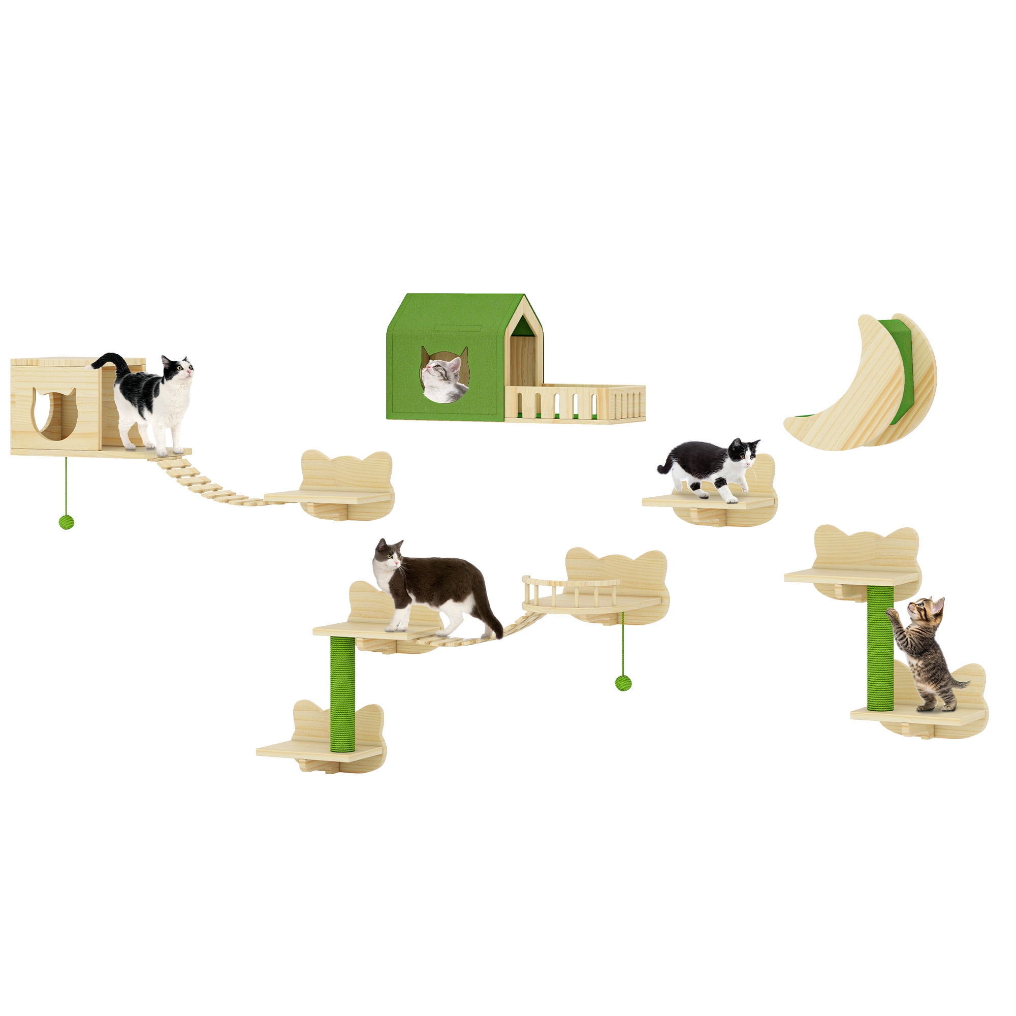 Craftian Wall Mounted Solid Wood Cat Wall Shelves with Wall House & Fence