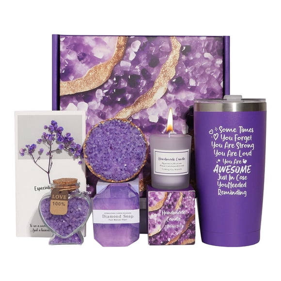 Refurbished CY5O5ee Spa Gift Basket with Scented Candle and Purple Bath Bombs, Relaxation Set for Women, Elegant Birthday and Holiday Present
