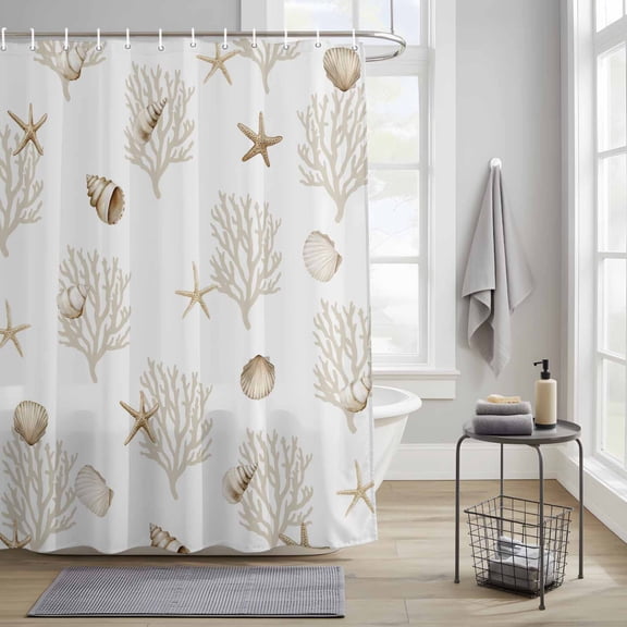 Bathroom Shower Curtain Summer Ocean Beige Coral Starfish Waterproof Shower Curtains with Hooks, Nautical Conch Shell Bath Curtains Bathtub Curtain Home Decor 36x72in