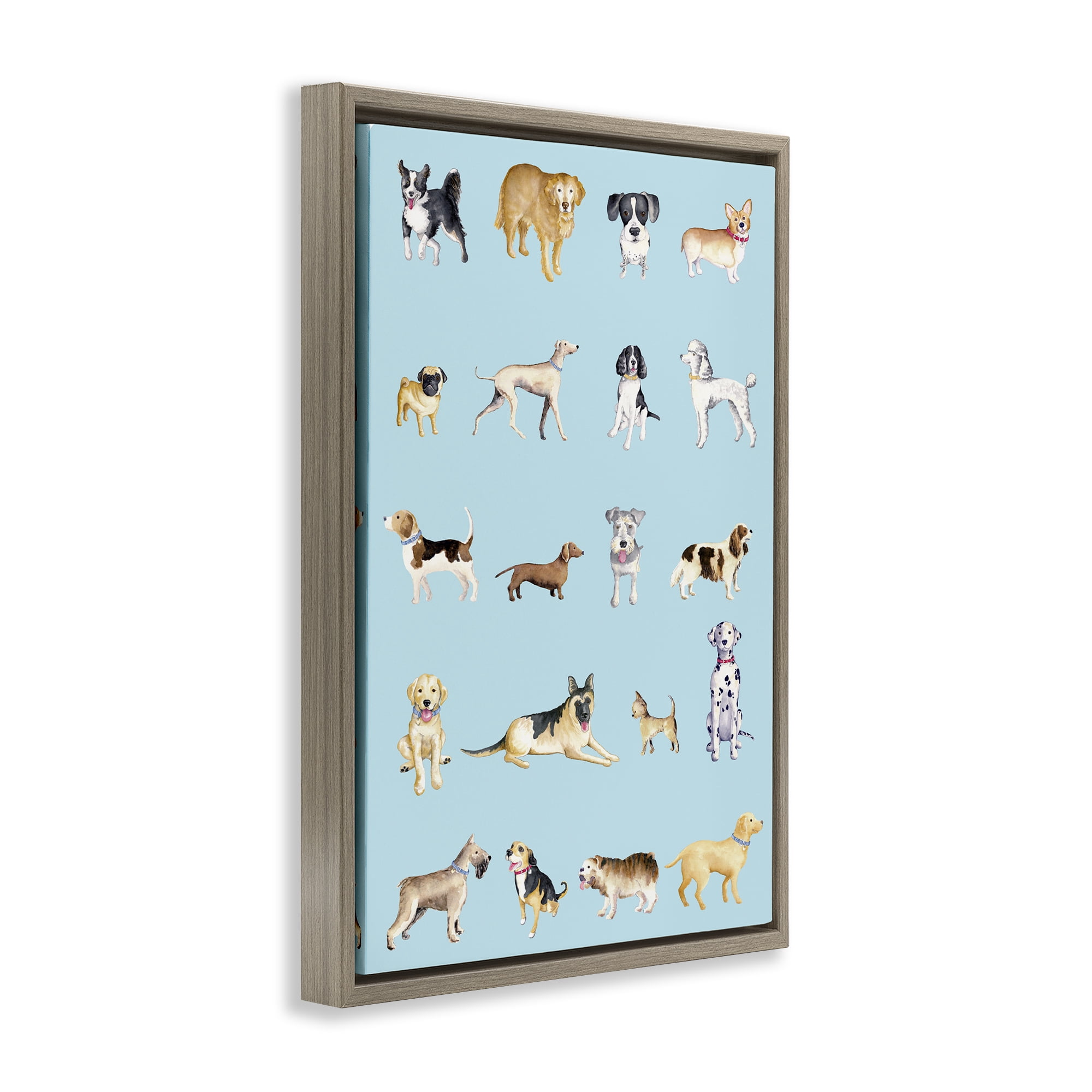 Stupell Industries Dog Breeds on Blue Brown Framed Floater Canvas Wall Art, design by Andi Metz