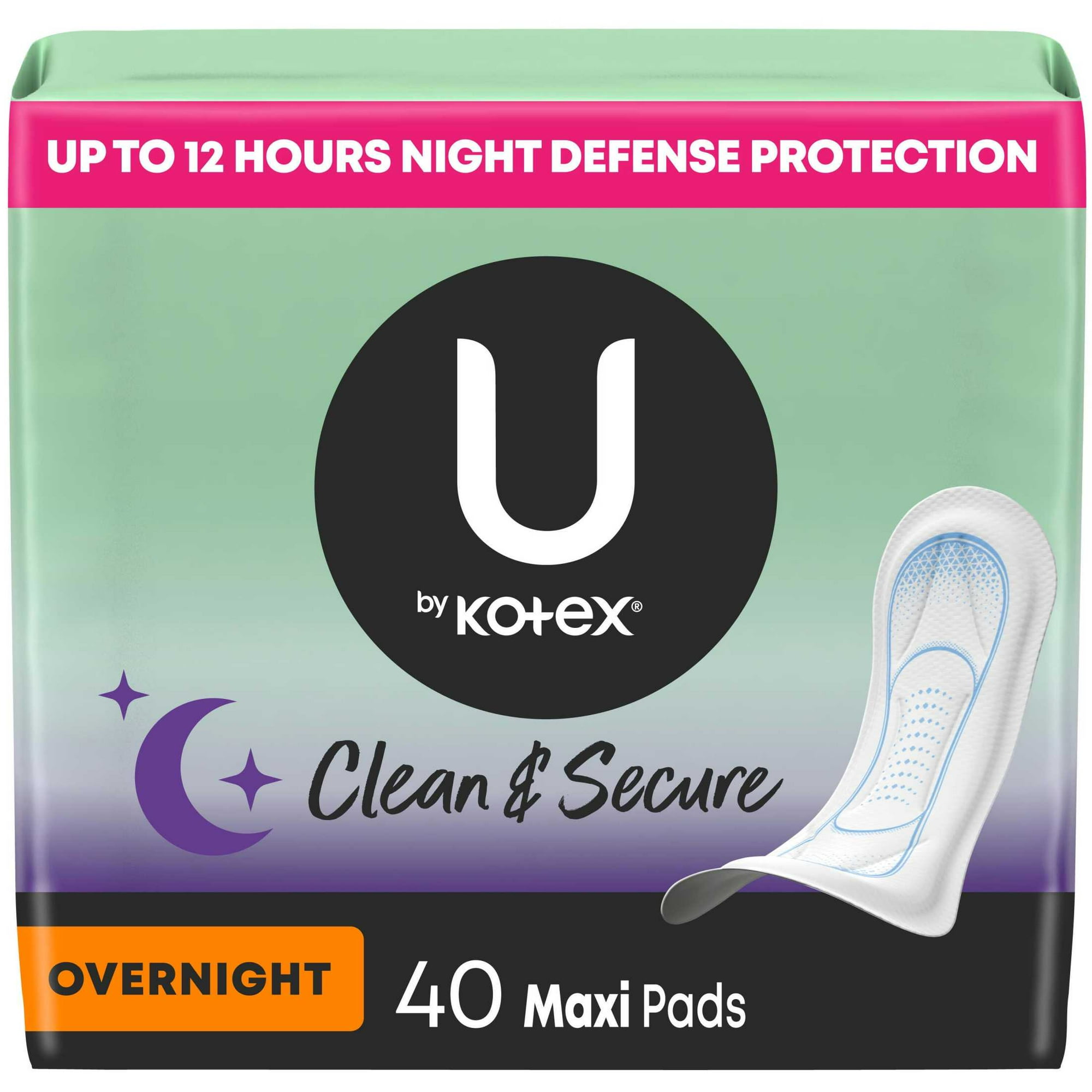 U by Kotex Clean & Secure Overnight Maxi Pads, 40 Count