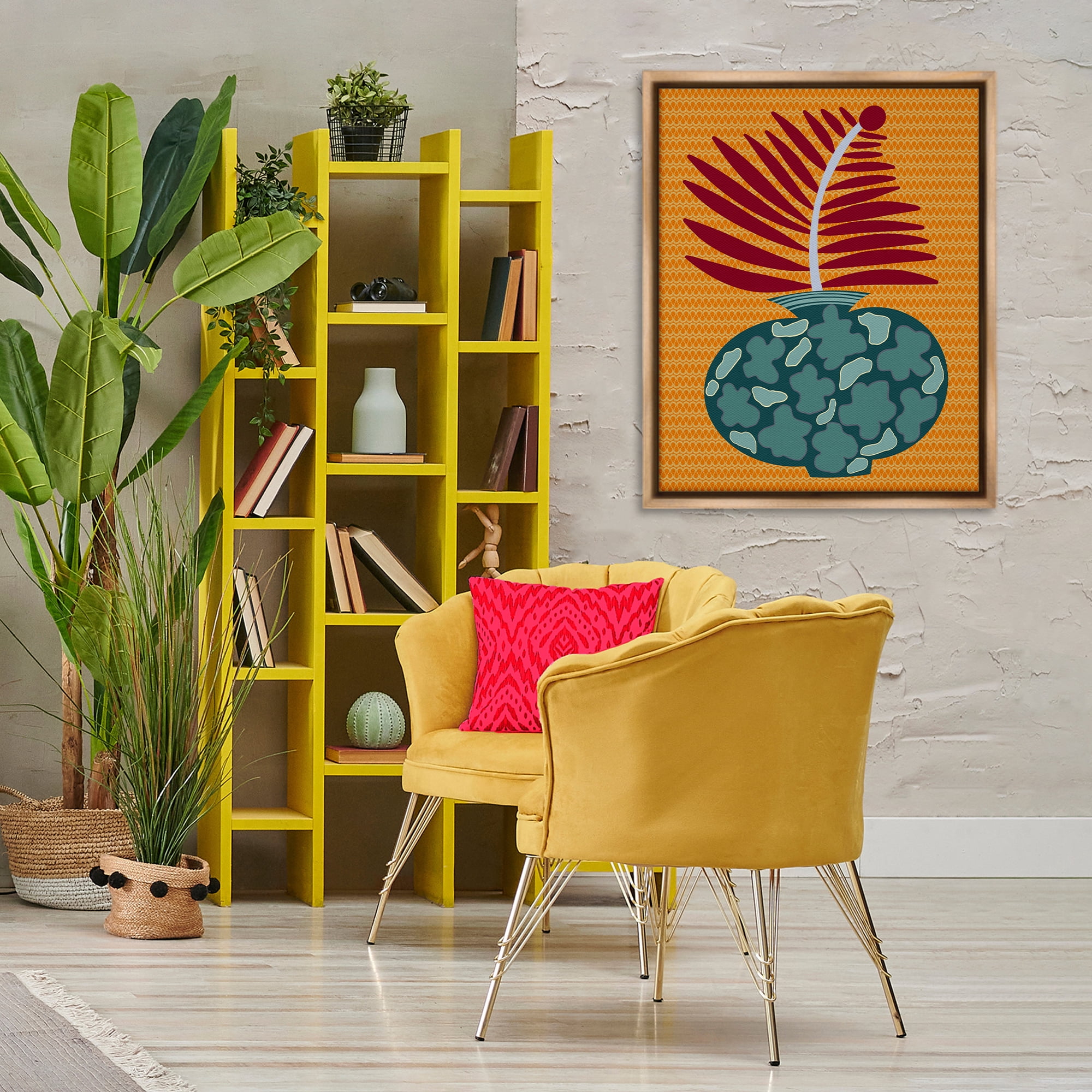 Stupell Industries Modern Vase on Yellow Plants & Flowers Painting Brown Floater Framed Canvas Art Print Wall Art, 25 x 31