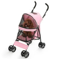 4 Wheels Pet Stroller, Lightweight Easy-Fold Puppy Jogger Stroller with Visible Mesh & Rear Storage for Small/Medium Dogs up to 22 lbs, Perfect for Walks, Shopping, Pink