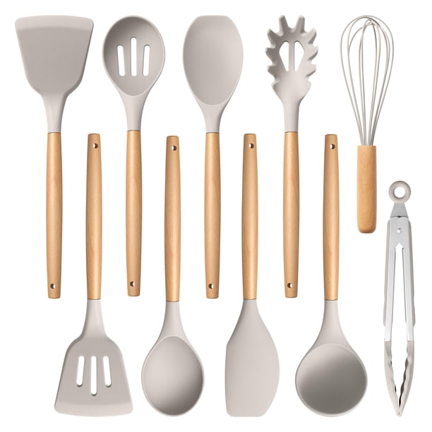Juego de utensilios de cocina E-far de 10 piezas de silicona con mango de madera