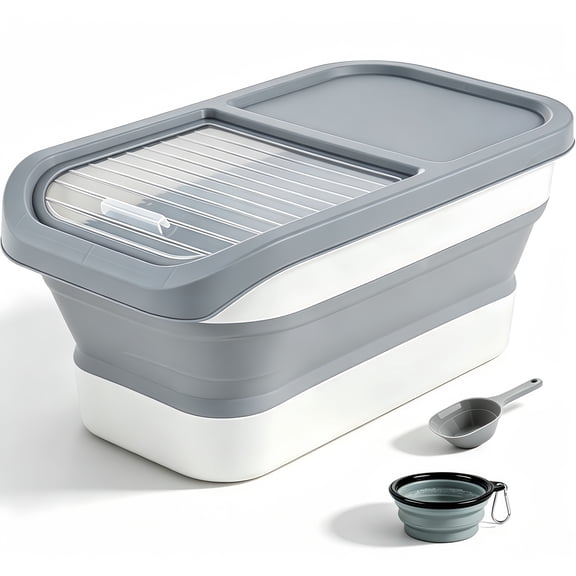 Collapsible Single‑Layer Dog Food Storage Container with Light Grey Scoop & Grey Foldable Bowl, Airtight Moisture‑Proof Pet Food Bin, Portable Feeding Supplies for Home & Outdoor Use