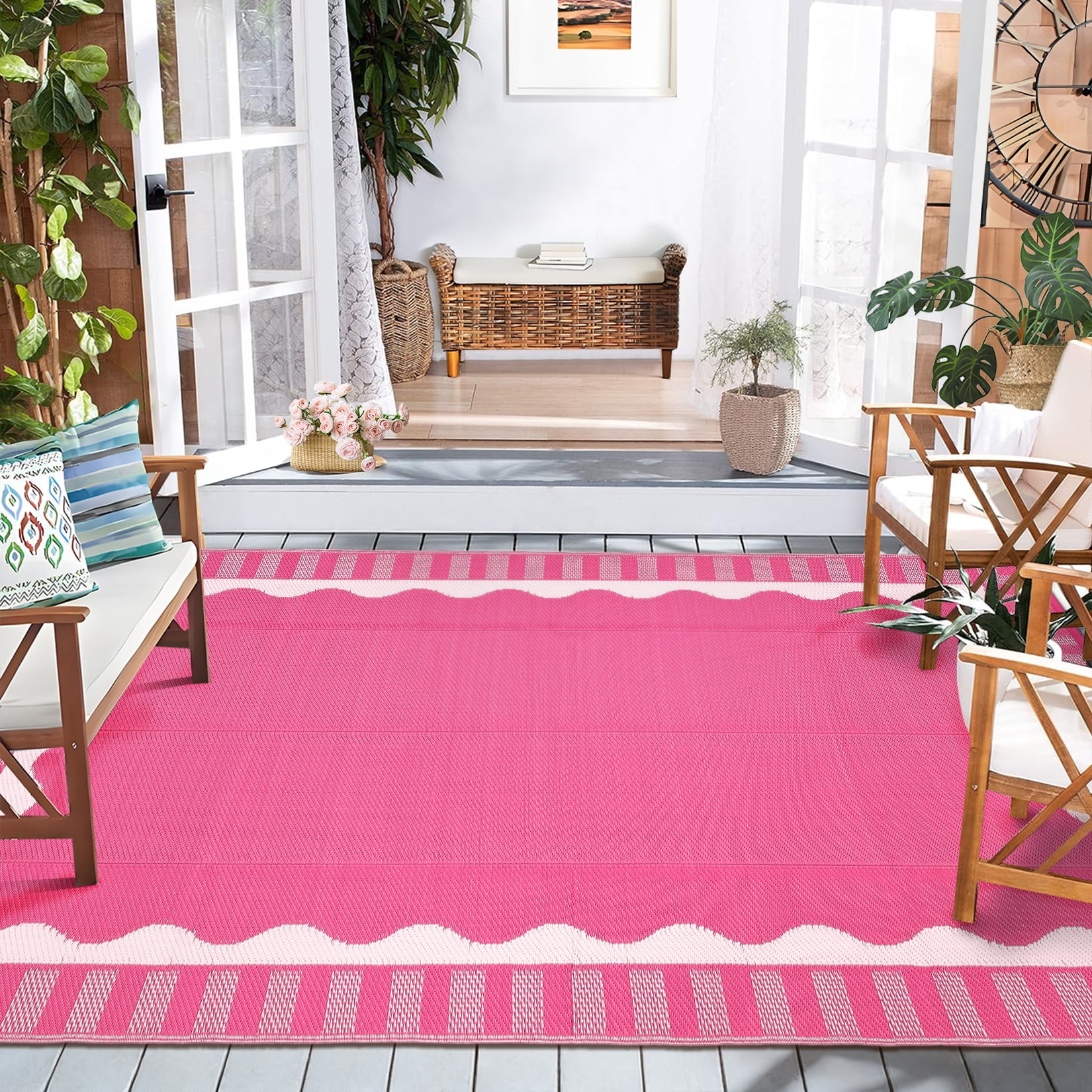 Nanan 8'x10' Outdoor Rug Scalloped Bordered Outdoor Patio Rug Waterproof Reversible Plastic Straw Rug for Camping Picnic Deck Balcony, Rose Red