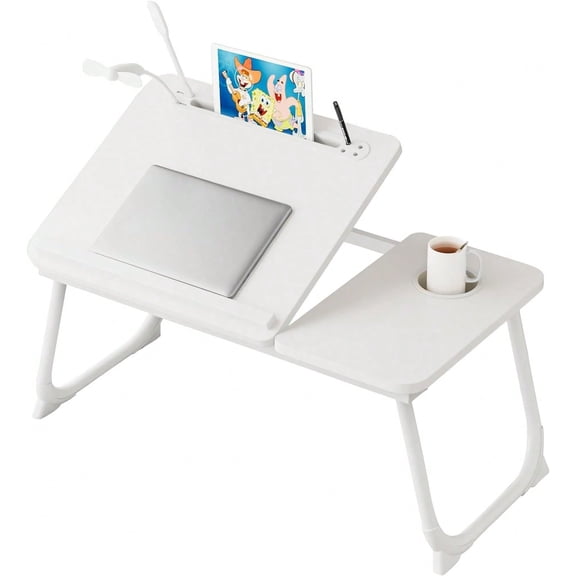 Laptop Desk For Bed, Adjustable Lap Tray With 5 Angles, Portable Laptop Stand With USB Charge Port And Cup Holder, Bed Tray Table For Eating, Working And Writing