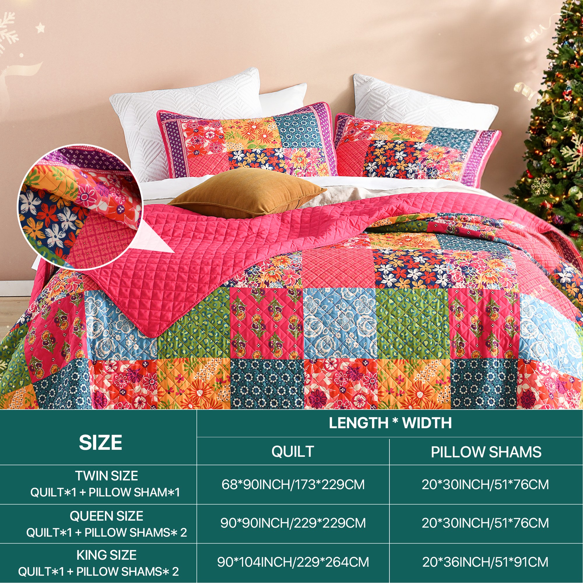 CHARRYARN King Comforter Set-Red Lightweight Patchwork-All Season Bedspread-Super Soft Quilt （1 Quilt, 2 Pillow Shams, Red）