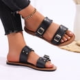thumbnail image 2 of Womens Two Band Adjustable Buckle Slide Sandals Flat Faux Faux Leather Casual Summer Beach Shoes Black,Size 7.5, 2 of 6