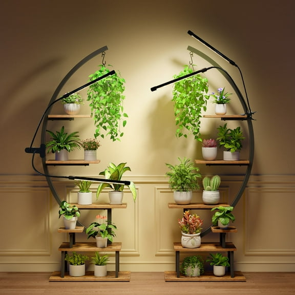 Greenstell 7 Tier Large Metal Plant Stand, Half-Moon Shape Flower Stand with Grow Lights for Patio Living Room Balcony, Rustic Brown