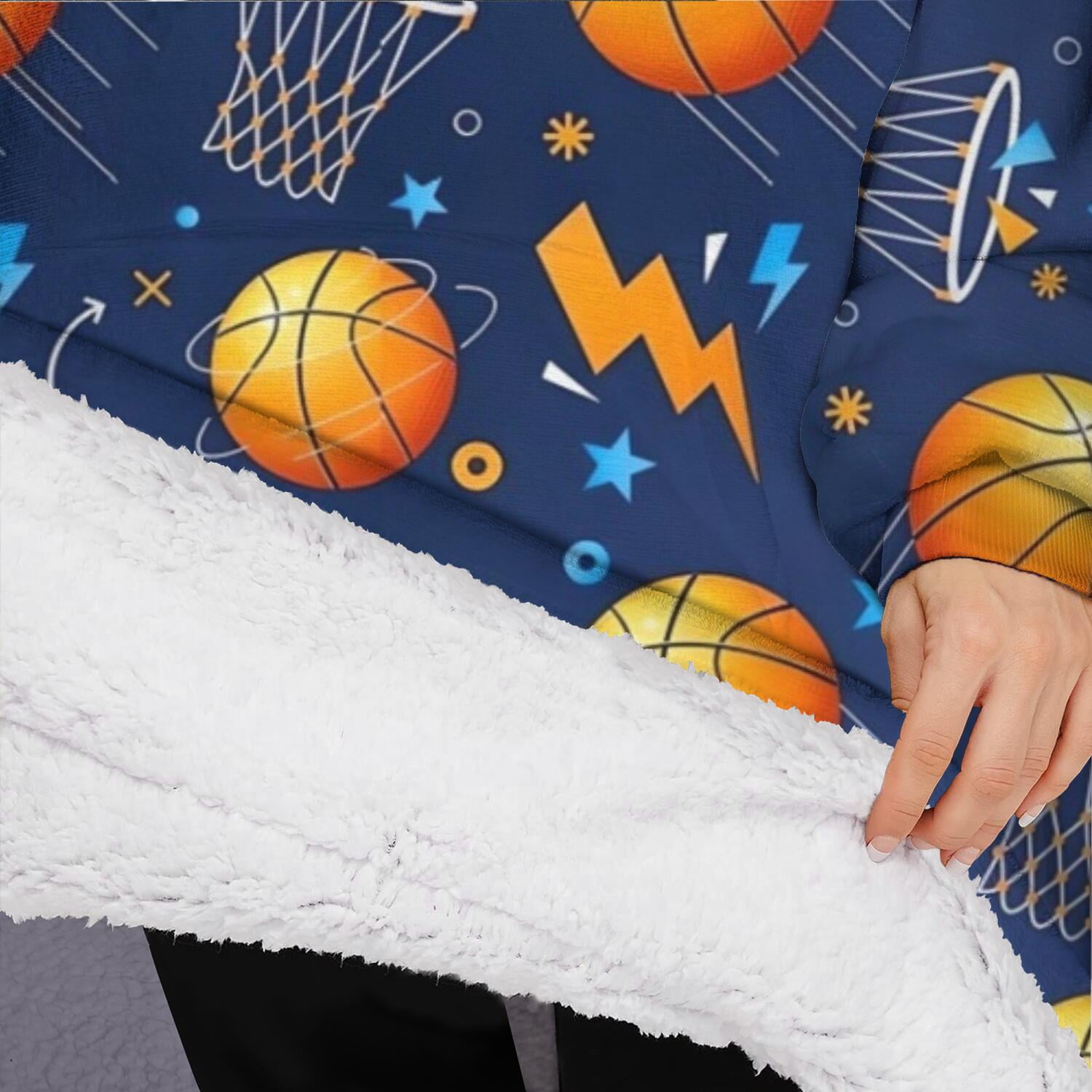 Oversized Wearable Blanket Hoodie,Basketball Theme Pattern Sherpa Blanket Hoodie with Super Pockets,Super Warm Fuzzy Pullover for Women & Men