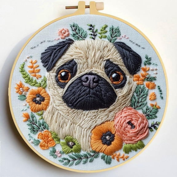 Punch Needle Kits Pug Dog in Flowers Embroidery Starter Set with Hoop Easy for Beginners DIY Stress Relief Handmade Craft Hobby and Home Decor 20x20cm-2