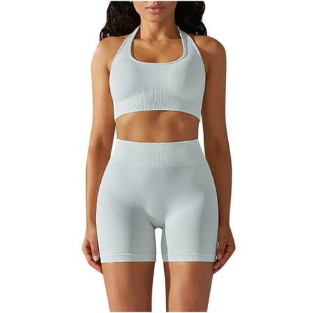 Abomasnow Workout Sets for Women 2 Piece Seamless Gym Athletic Yoga Outfits Halter Neck Backless Sports Bra High Waist Biker Shorts on Clearance