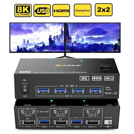 UE/US 2 Port 4 USB 3.0 KVM Switch Dual Monitor HDMI 8K@60Hz for 2 Computers