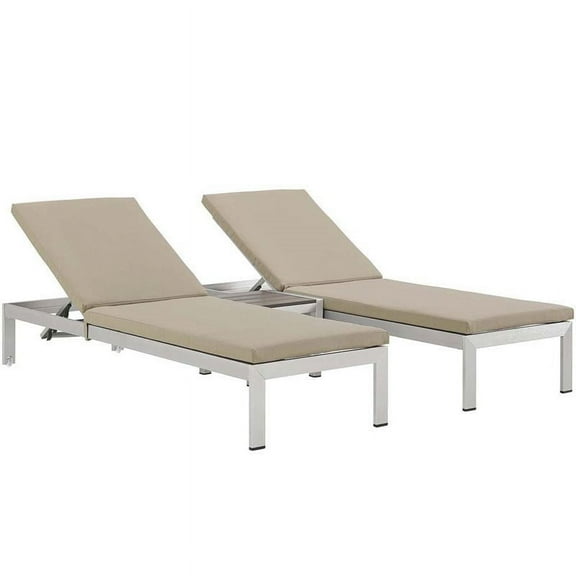 Pemberly Row 3-Piece Modern Aluminum Patio Chaise Lounge Set in Beige