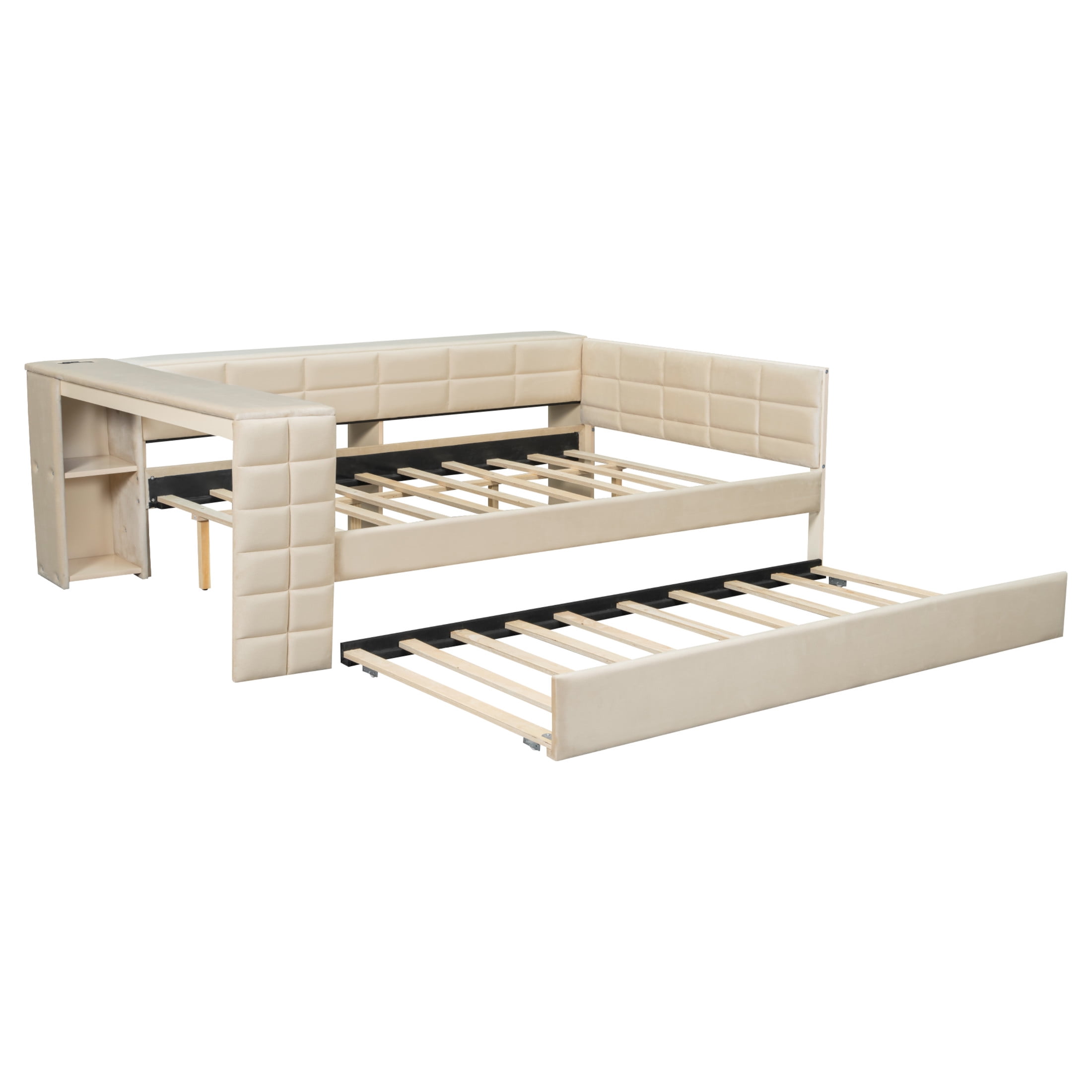 Noble House Sonoma Full Velvet Upholstered Bed with Trundle, Side Desk, Charging Station and Storage Shelves, Beige