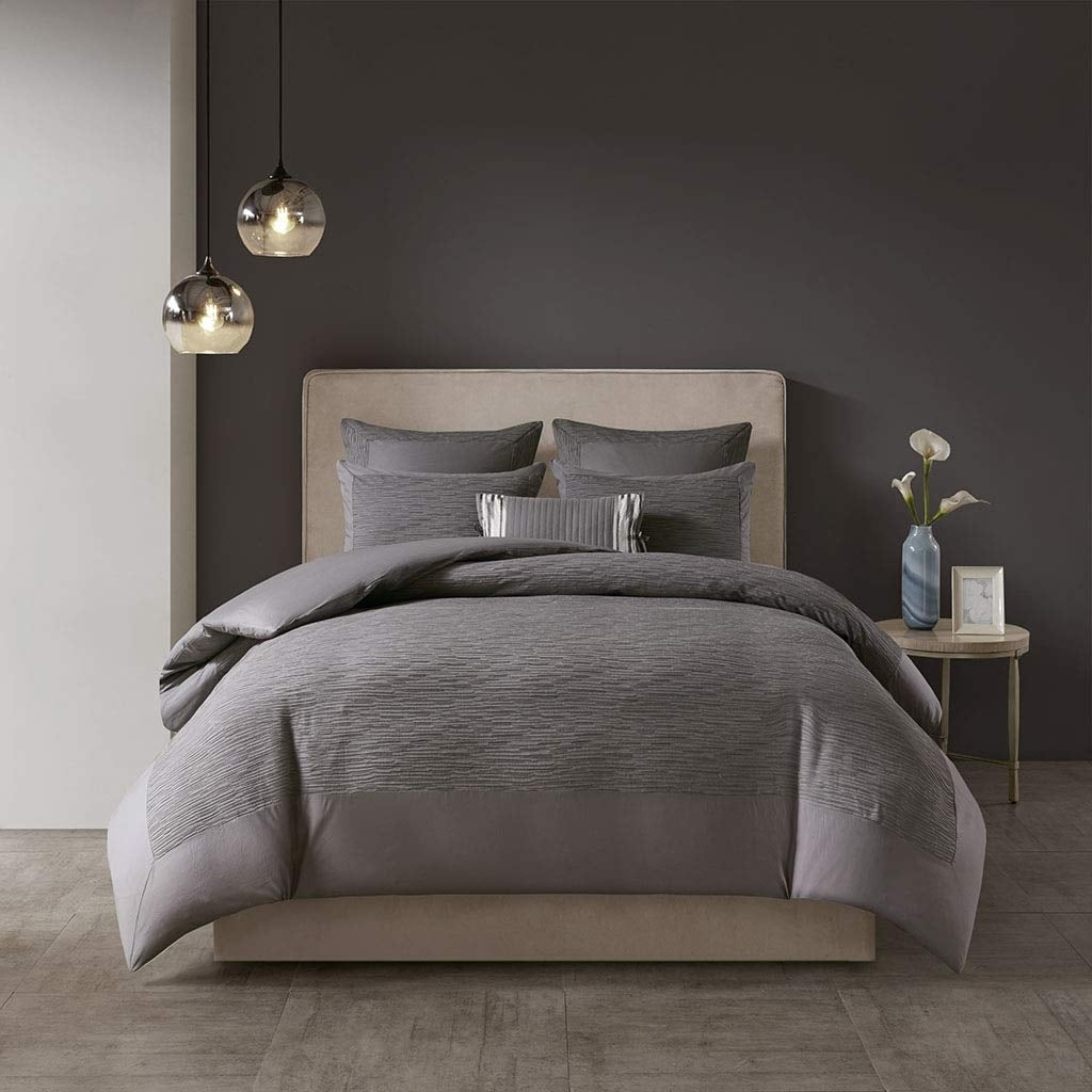 N Natori Hanae 3 Piece Cotton Blend Duvet Set Yarn Dyed Bedding Cover King/Cal King Size Grey