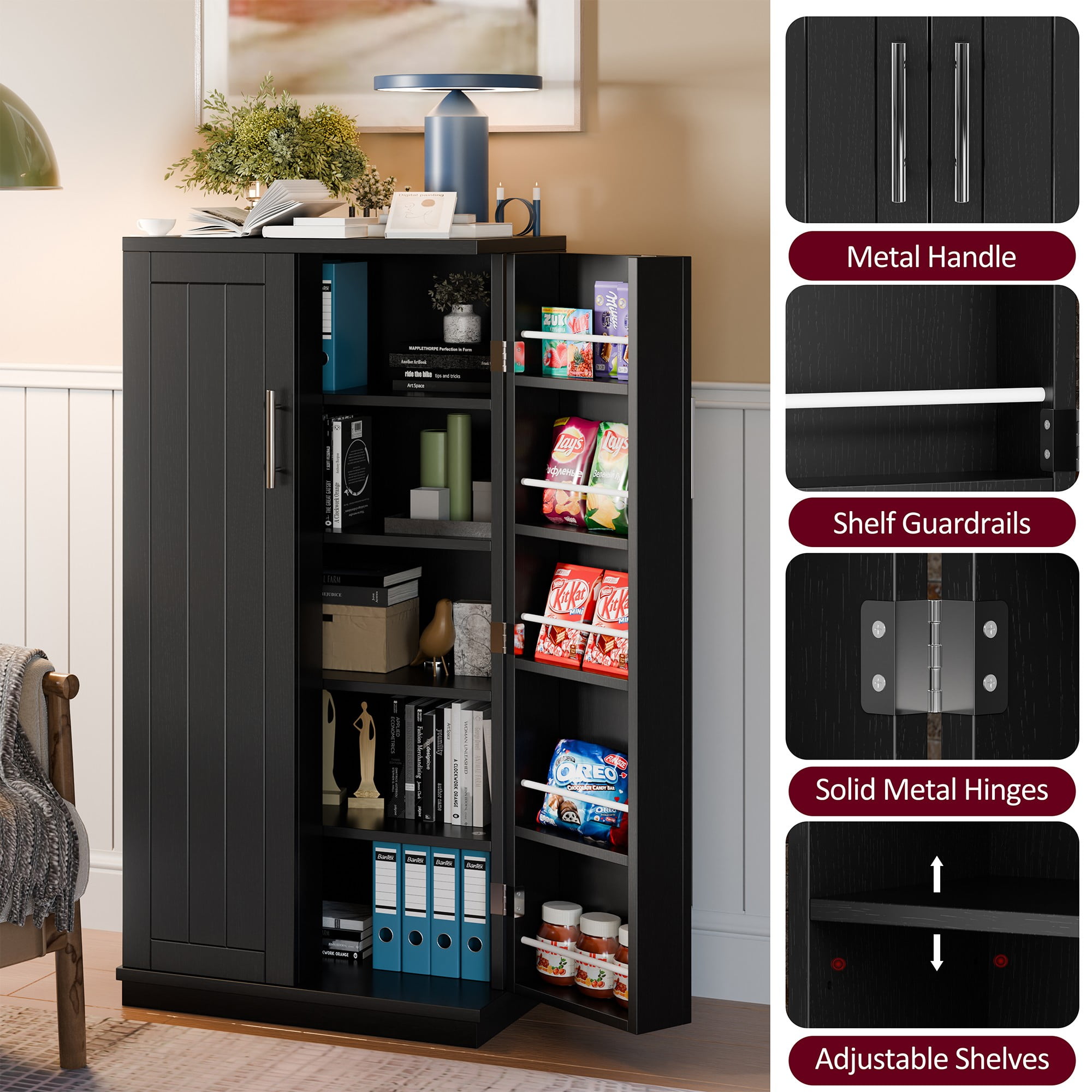 Walsunny Pantry Food Storage Cabinet 47" Free Standing Craft Cupboard with Doors Adjustable Shelves for Kitchen Entryway Dining Room Bathroom Black