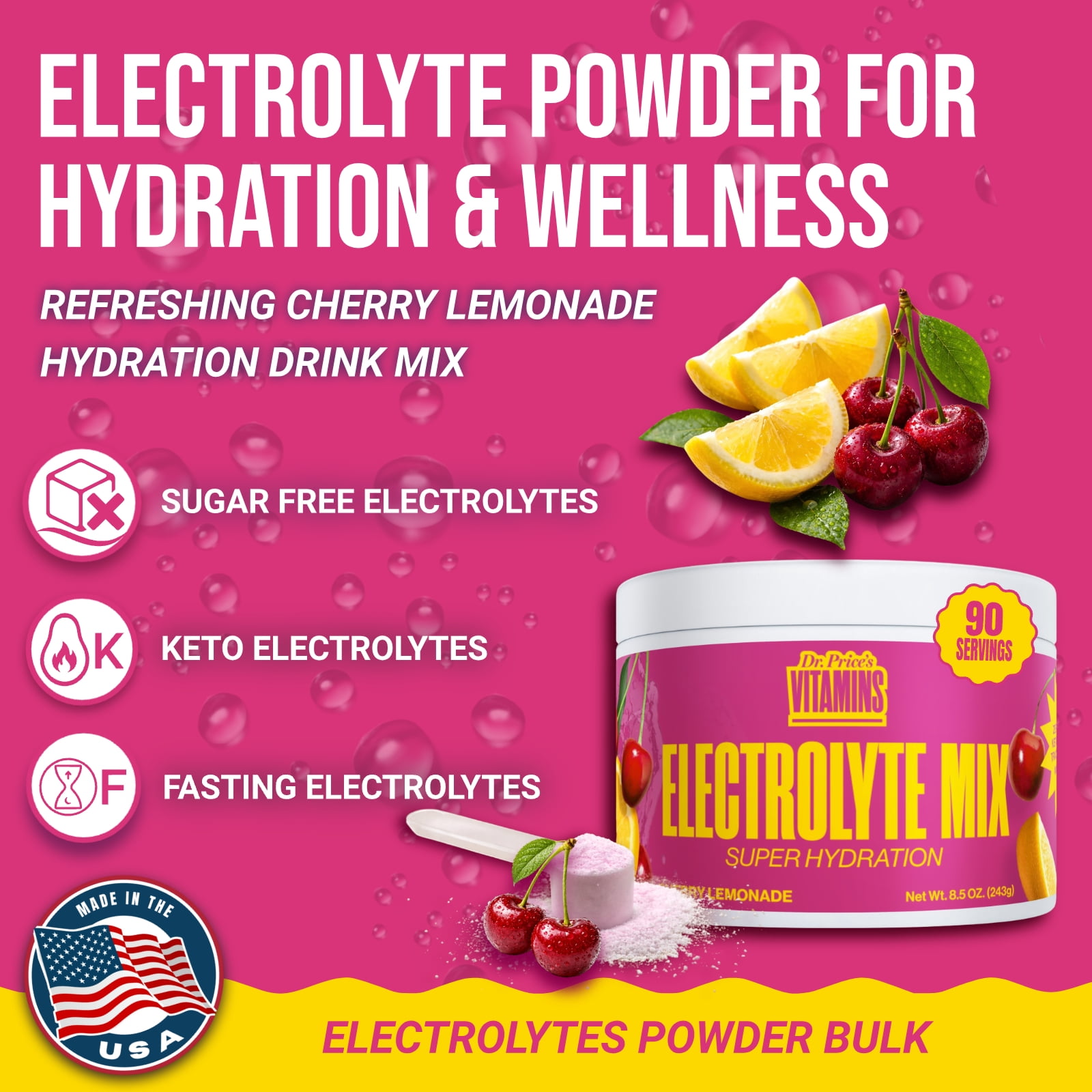 Dr. Price’s Electrolyte Mix – Cherry Lemonade Flavor, 90 Servings | Sugar-Free Hydration Powder with Trace Minerals | Gluten-Free, No Sugar