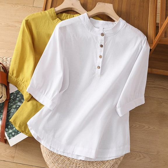 YHAJDS Tops For Women 3/4 Sleeve Round Neck Casual Shirt Solid Color Tee