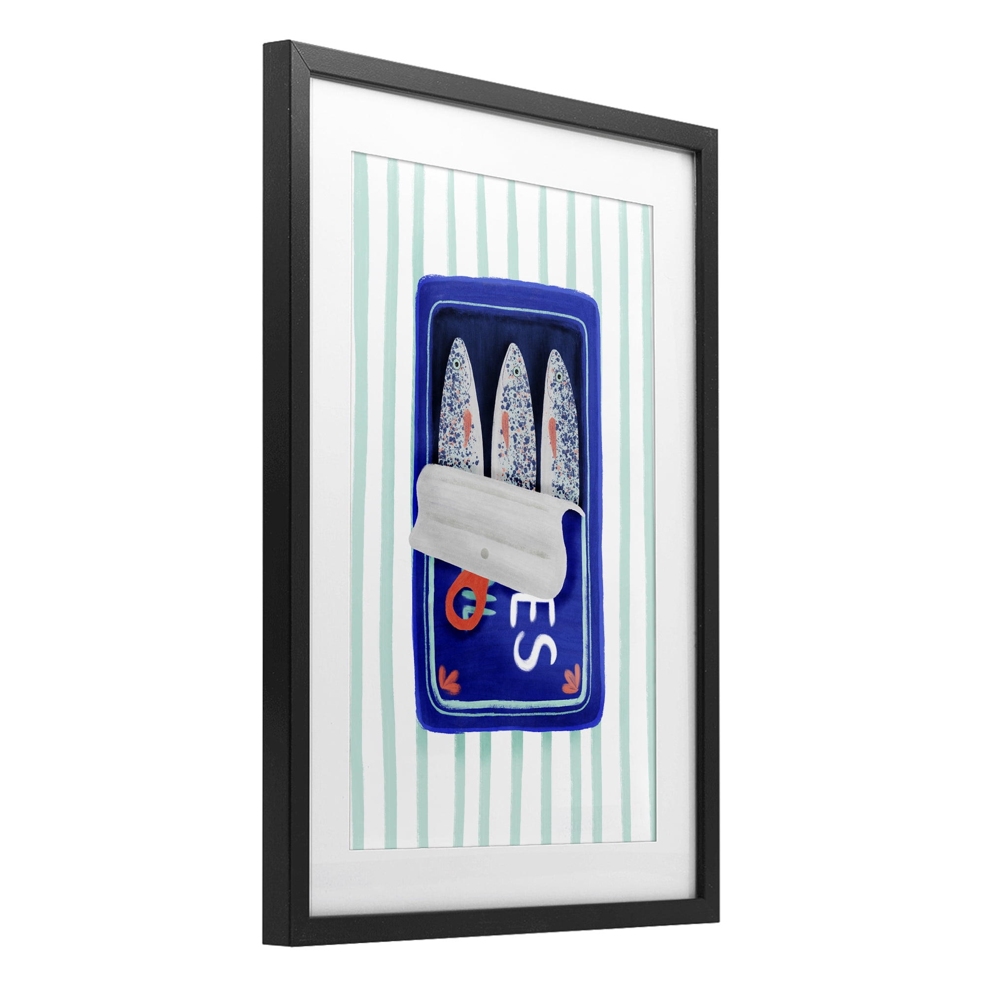 Stupell Industries Blue Sardines on Stripes Black Framed Print Under Glass, design by Metka Hiti