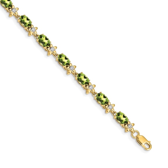 14k Yellow Gold Bracelet Gemstones Fancy August Women's Peridot Oval 4.5 mm 7 in Floral Diamond and