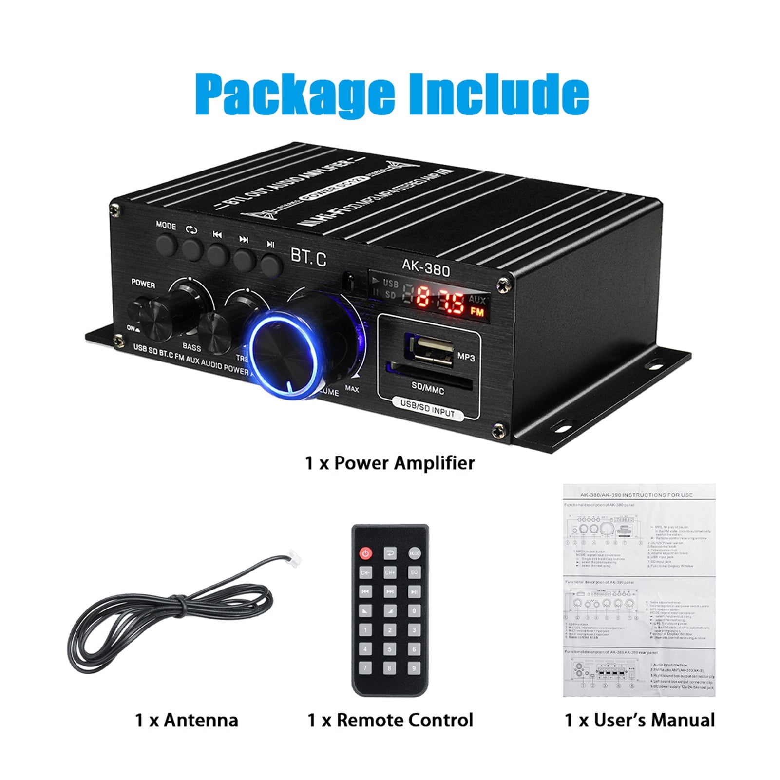 40W*2 Ak380 Bluetooth 5.0 HiFi Power Amplifiers Stereo Home Car Audio 12V Digital Sound Amplifier BASS Music Player FM Radio ,Wide Application