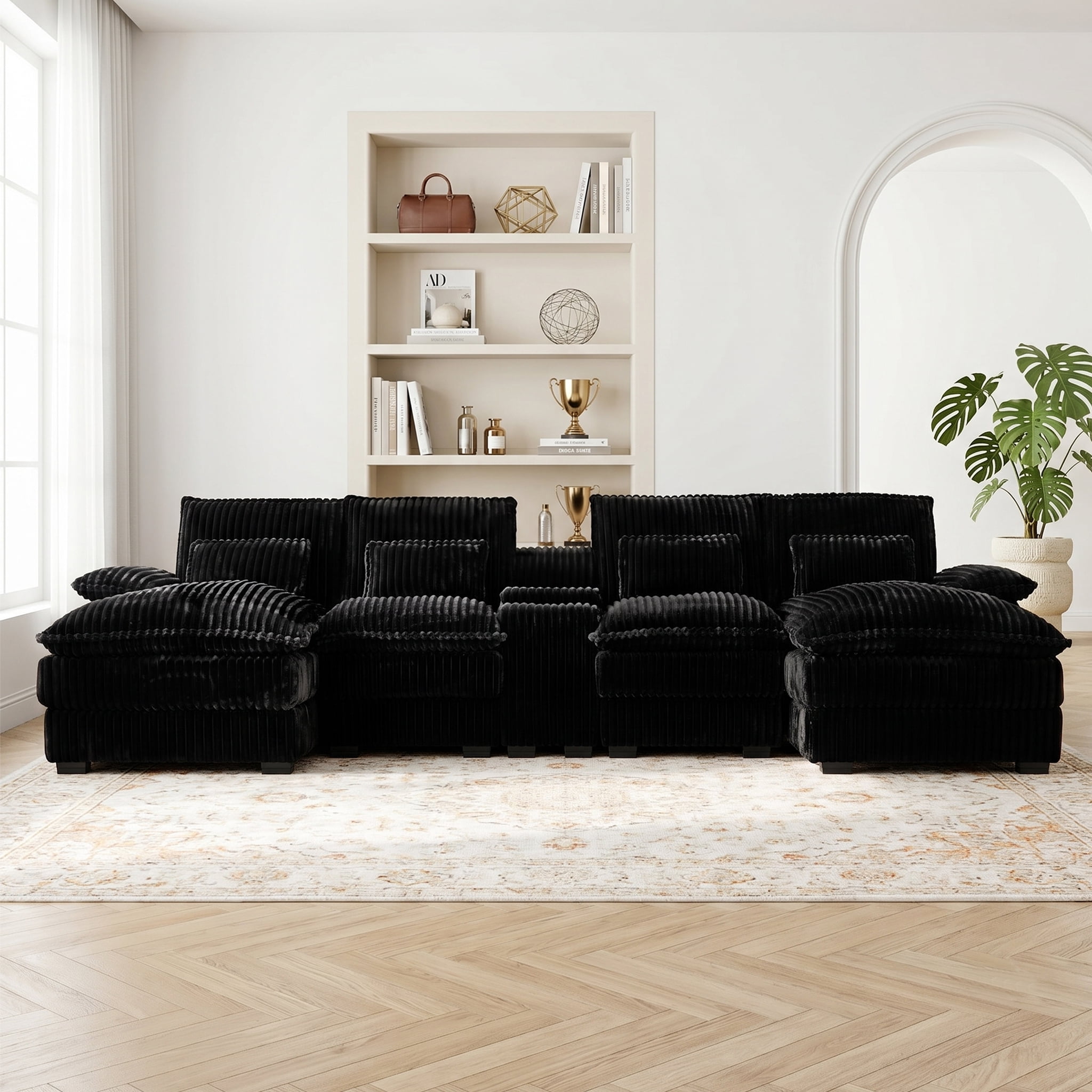 ANPPORT 124" U Shaped Cloud Modular Sectional Sofa, Corduroy Deep Seat Couch with Storage Console, USB Ports & Cup Holders for Living Room, Black