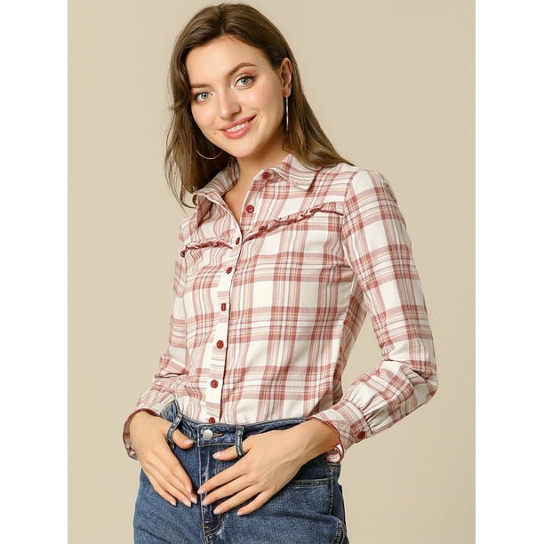 INSPIRE CHIC Blusa De Tartán A Cuadros Volante Fruncido Botones Arriba  Manga Larga Cuello De Corbata Camisa Algodón Para Mujer Rojo Ladrillo XS
