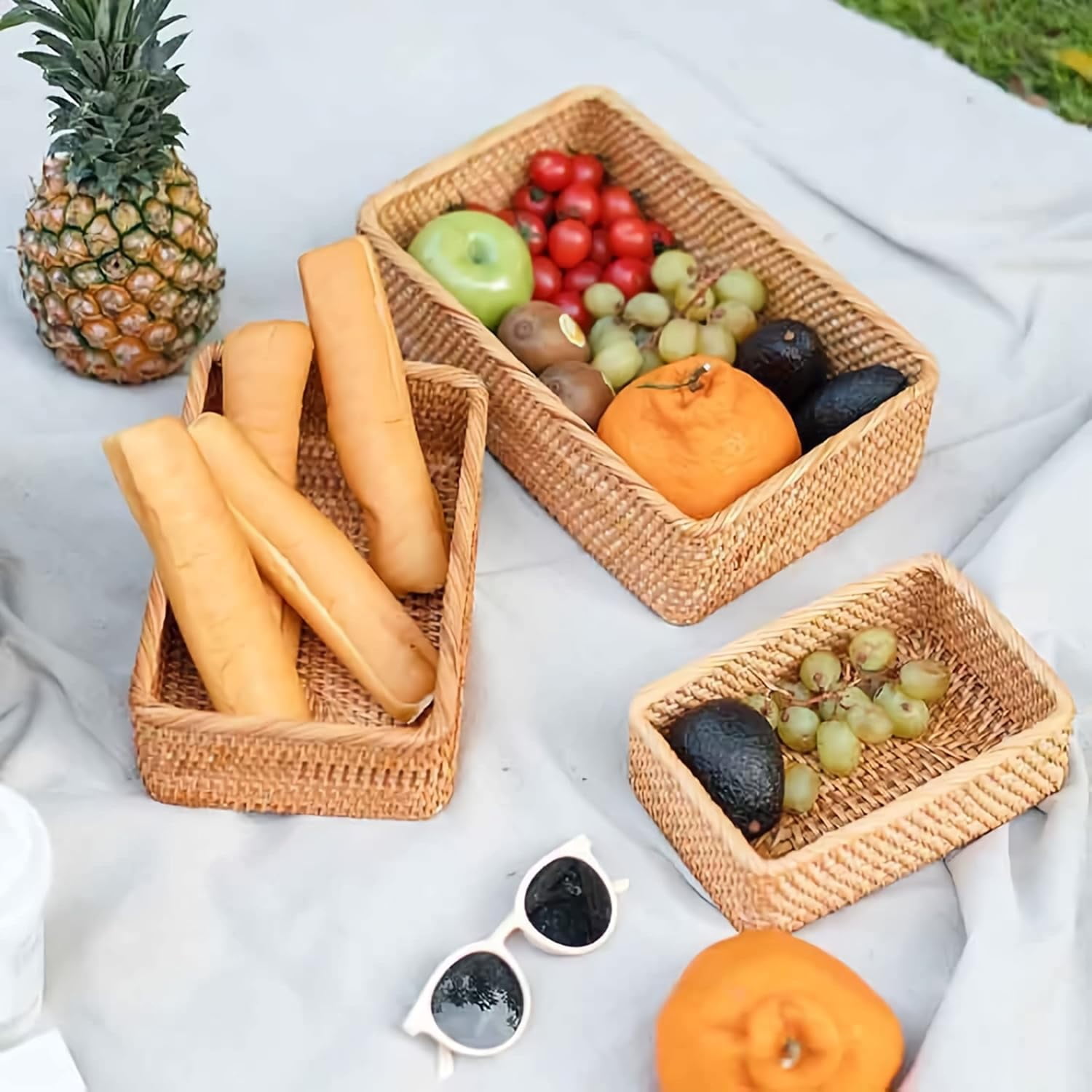 3 Pack Rectangular Rattan Storage Baskets, Bulk Shallow Wicker Baskets for Decor, Handmade Woven Nesting Bread Baskets for Organizing, Serving, for Kitchen, Home, 3 Sizes