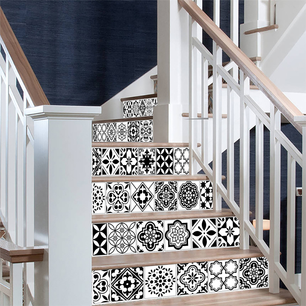 3D Stair Stickers - Removable Tile Decals for Stair Risers, Peel and Stick, 39.3Inch x 7.08Inch,Black and white mosaic pattern wall sticker