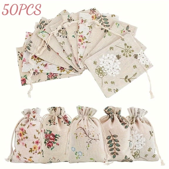 50pcs Drawstring Gift Bags 5x7 Inch Floral Burlap Bags Fabric Bag Jewelry Packing Pouches Favors Bag for Spring Jewelry Present Party Wedding Shower Birthday