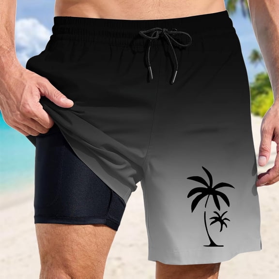 Mens Beach Shorts Summer Coconut Tree Print Quick Dry Bathing Suit With Pockets Drawstring Men's Swim Trunks Black L