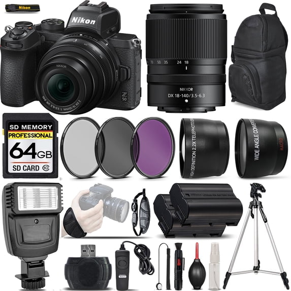 Nikon Z50 Digital Camera + 16-50mm Lens + Nikon 18-140mm VR Lens + Flash + 0.43x Wide Angle Lens + 2.2x Telephoto Lens + 64GB Class 10 Memory Card + UV-CPL-FLD Filters + Wireless Remte - International