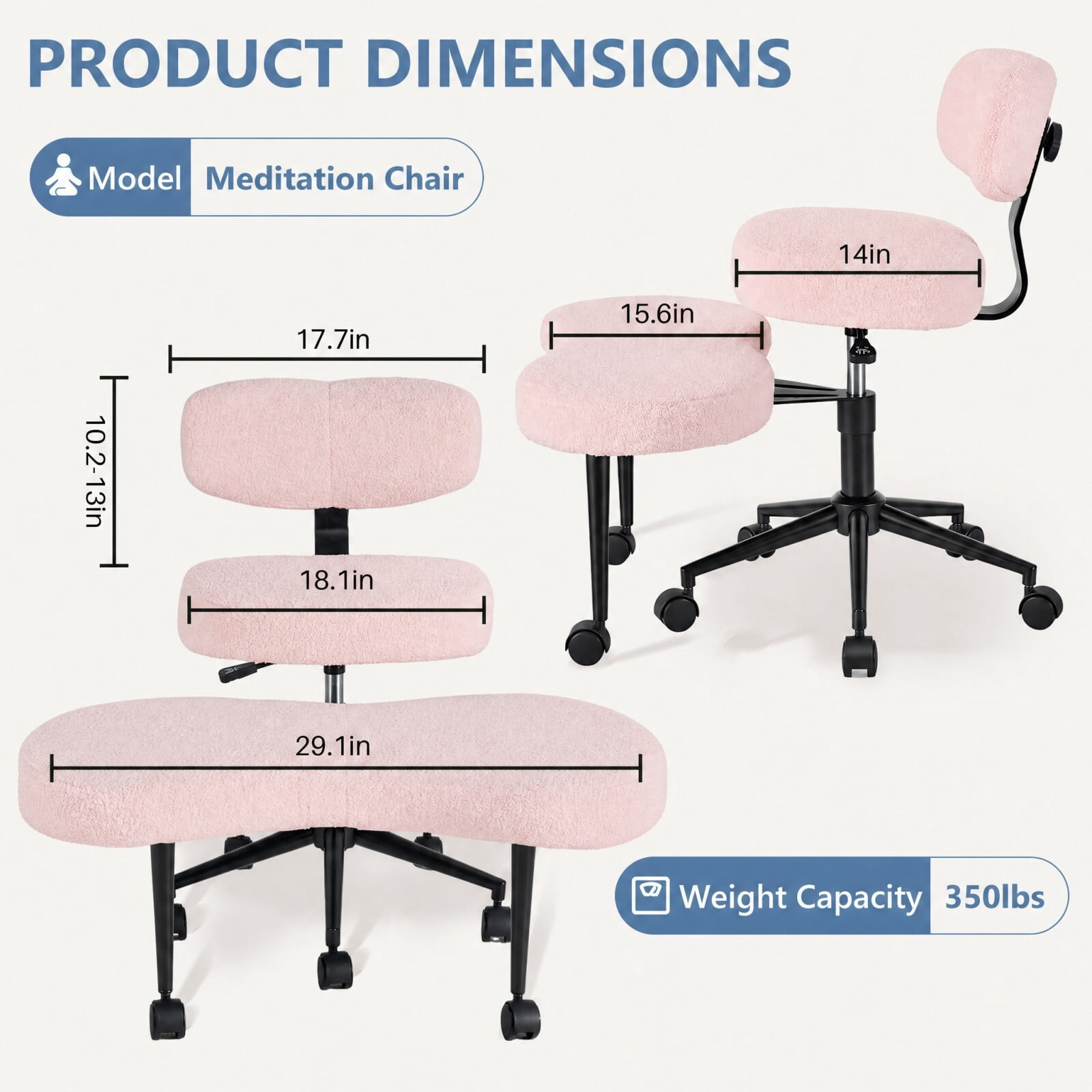 Kelno Cross Legged Meditation Chair with 360° Swivel Footrest Adjustable Backrest Ergonomic Teddy Fleece Office Chair, Pink