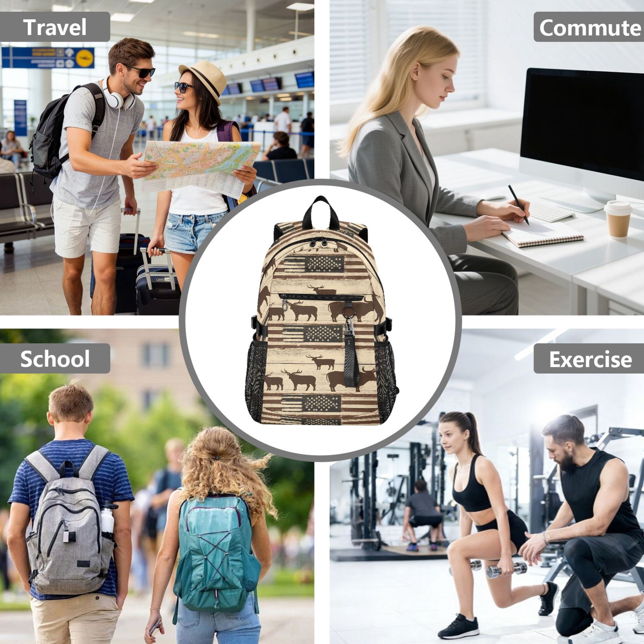 JIALIOU 14" Laptop Backpack Waterproof Airline Approved Stylish Casual Daypack for Travel Business College Work, American Flag and Cow