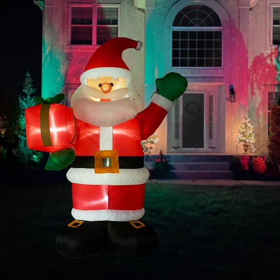 Fraser Hill Farm 10 ft Tall Santa Claus Holding Gift, Outdoor Blow-Up Christmas Inflatable with Lights and Storage Bag, FHFSANTA102-L