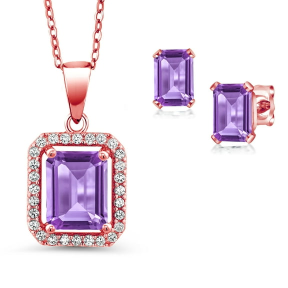 Gem Stone King 18K Rose Gold Plated Silver Purple Amethyst Pendant and Earrings Jewelry Set for Women (3.90 Cttw, Emerald Cut 9X7MM and 6X4MM, Gemstone February Birthstone, with 18 inch Chain)