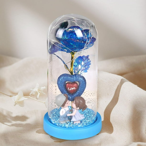 Regalos del Día de San Valentín para novia, decoración del Día de San Valentín, lámpara de mesa, regalos de cumpleaños , flor rosa en cúpula de base azul BLESIY luz de mesa