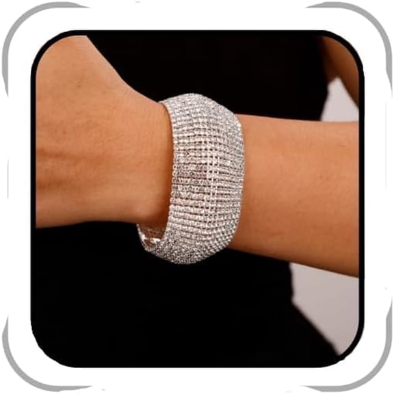 DESIGNICE Crystal Rhinestones Cluster Wide Bangle Bracelet Rhinestone Stackable Stretch Bracelets for Women(Silver)