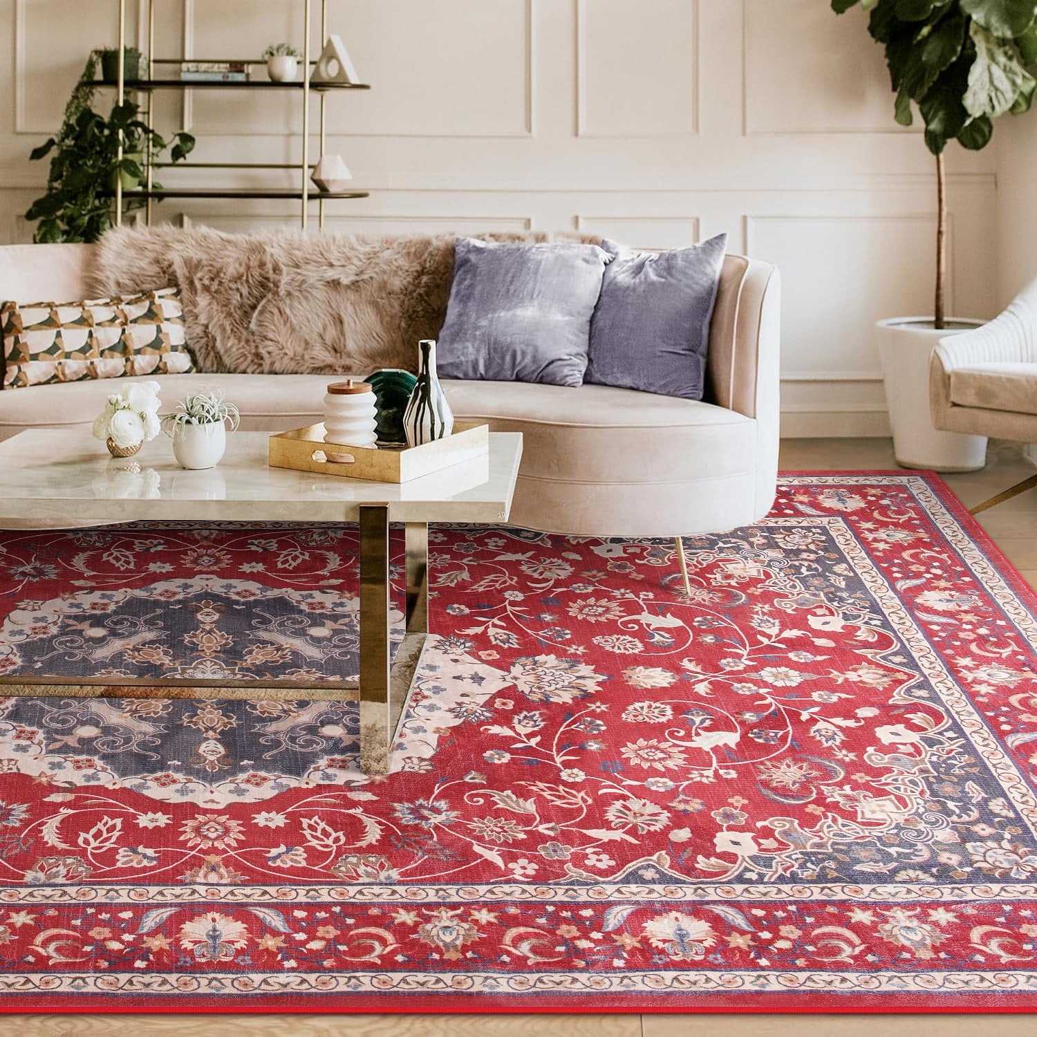 Jamfeel Area Rugs Vintage Floral Printed Washable Non-Slip Carpets Foldable Thin Low Pile Rug for Living Room Bedroom 8'x10' Red