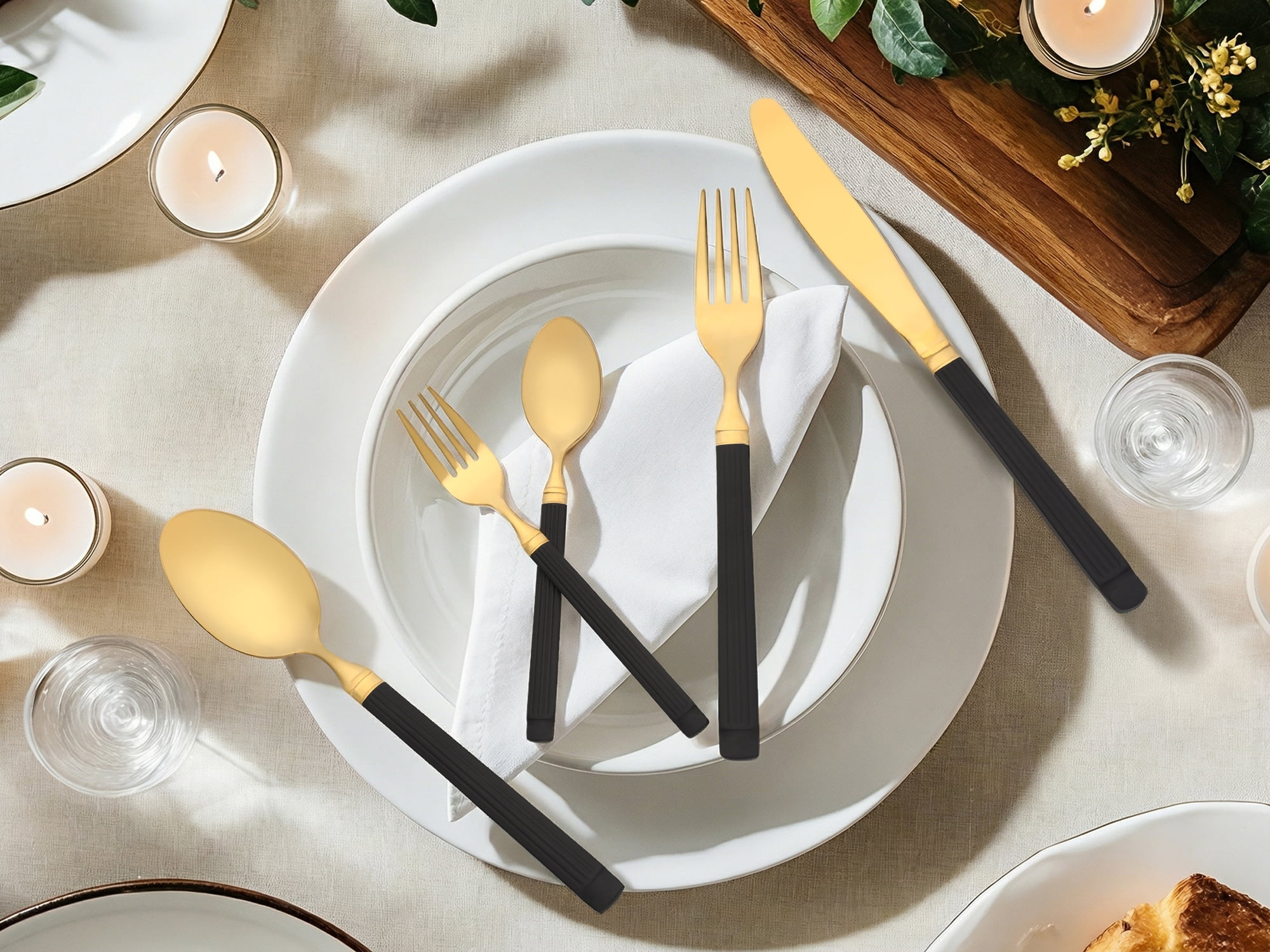 Unique Bargains Classic Stainless Steel Flatware Sets for Multiple Uses Black Gold 20pcs