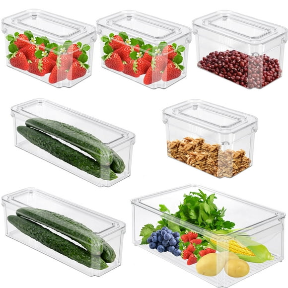 Set of 7 Stackable Fridge Organizers with Lid, Refrigerator Food Storage Container Bins Acrylic Freezer Divider Bins